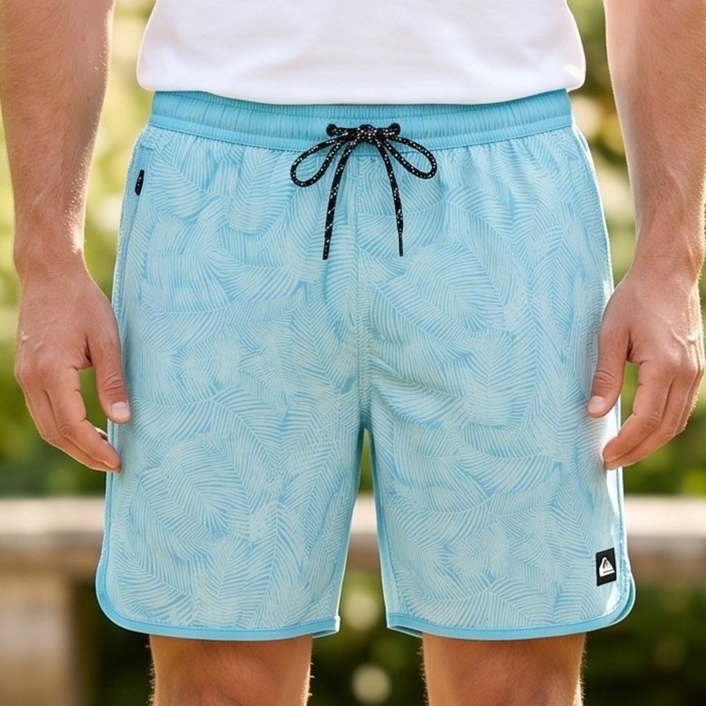 Quiksilver Mens Light Blue Palm Leaf Print Swim Trunks Board Shorts XL NWT